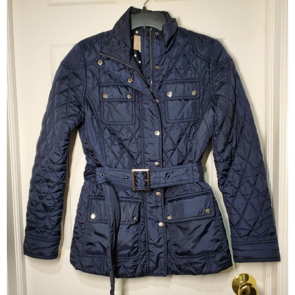 Banana Republic Quilted Belted Jacket XS True Navy Polka Dot Lining